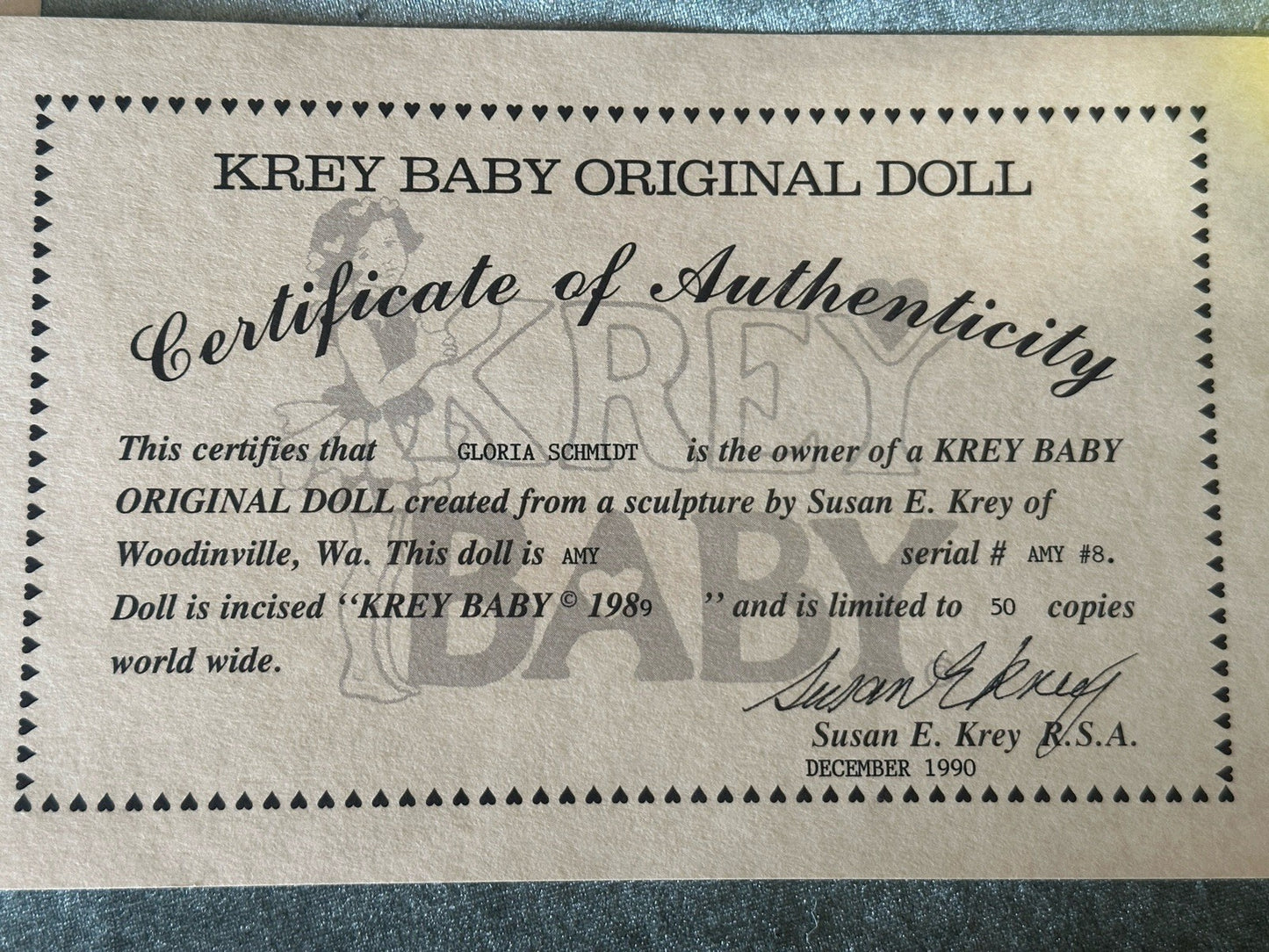 Collectible Artist Susan Krey Baby 22” Doll “Amy” Wax Over Porcelain  LE 50