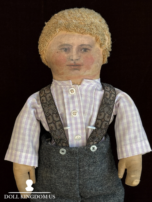 Antique American 18" Primitive Oil Painted Portrait of Boy Cloth Rug Doll