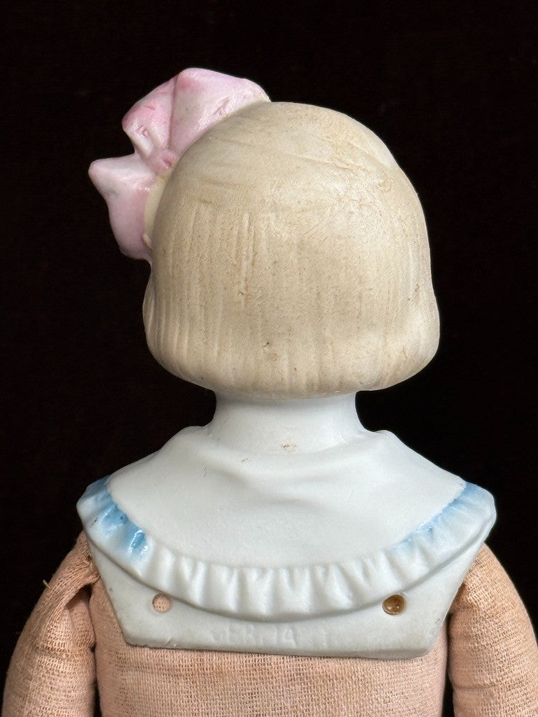 Antique German Hertwig 12” Bisque Molded Shoulder Plate and Bow Girl Doll