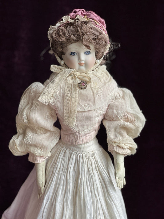 Vintage Porcelain 16” Reproduction Of Antique French Fashion Doll Leather Body