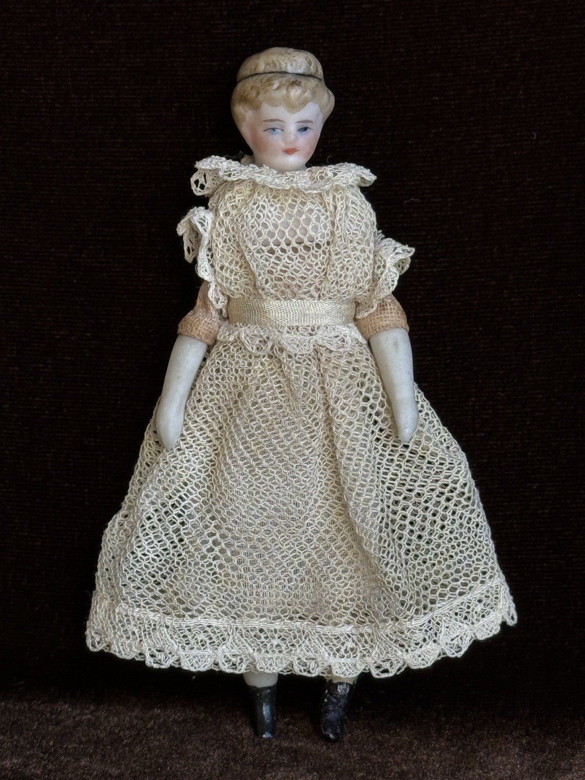 Antique German Simon Halbig 3.875” Bisque Cloth Dollhouse Girl Doll