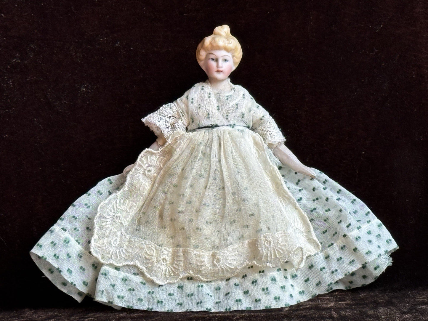 Antique German 5.5” Bisque Cloth Miniature Dollhouse Parian Doll with Bun