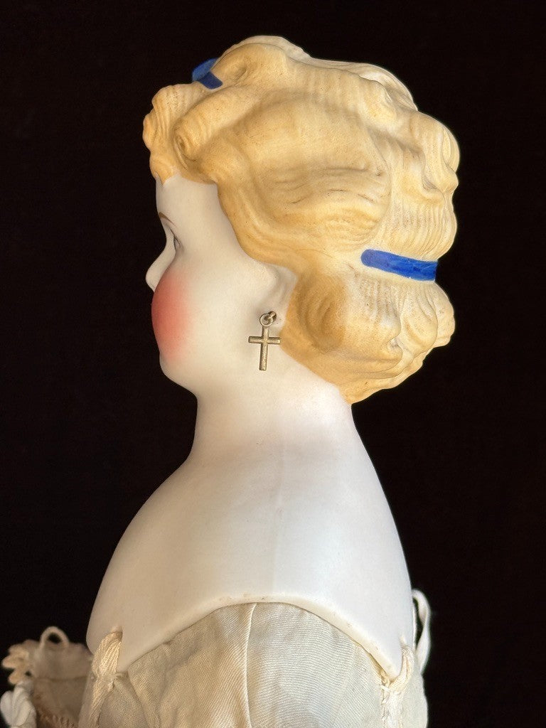 Antique German 17.5” Dolly Madison China Parian Bisque Head Doll Pierced Ears