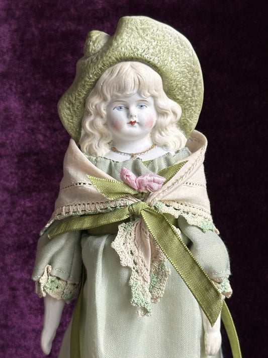 Antique German Hertwig 10.5” Molded Bonnet Parian China Bisque Head Doll