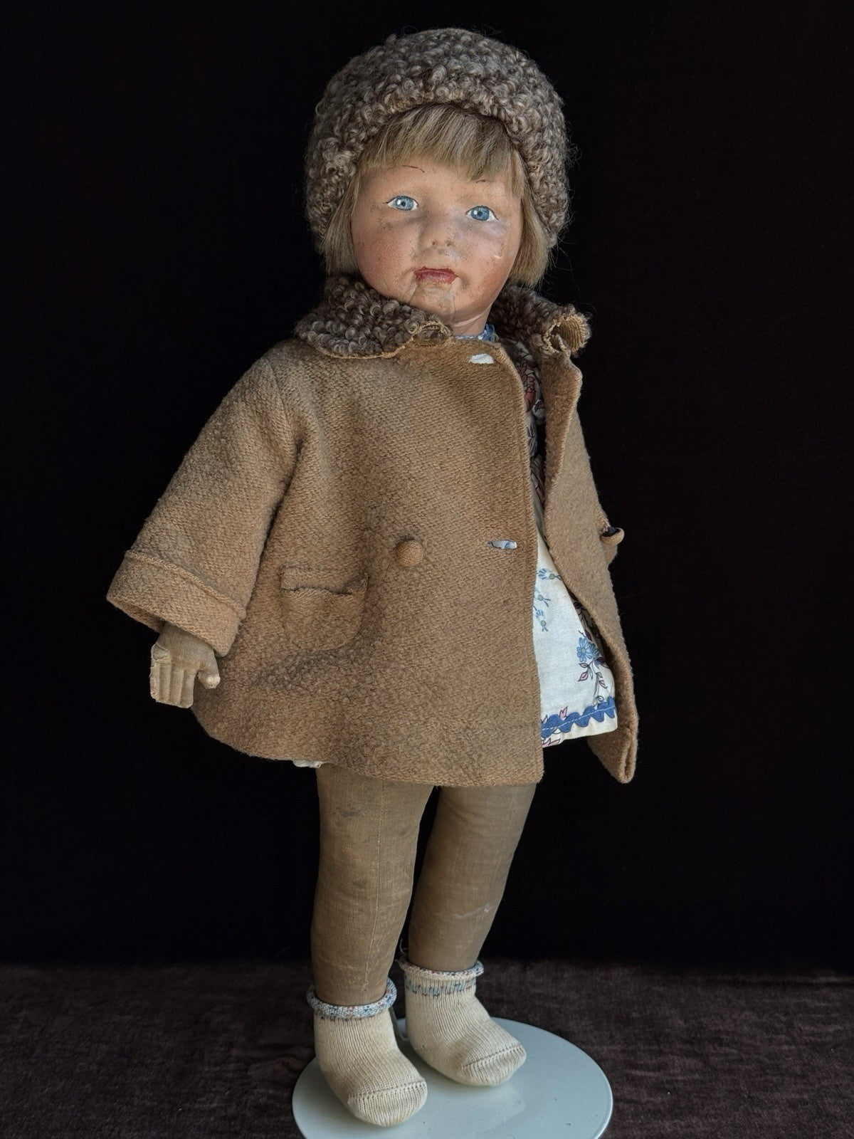 Antique American 18.5” Kamkins Cloth Oil Painted Doll