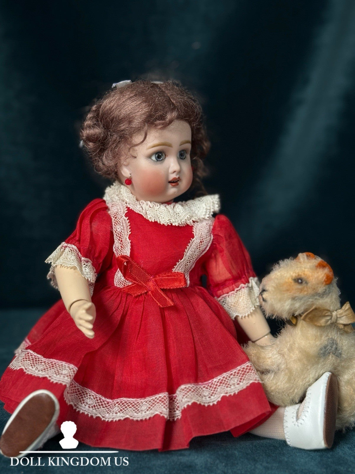 Porcelain/Composition 11” Reproduction of Antique French Bleuette Doll Red Dress