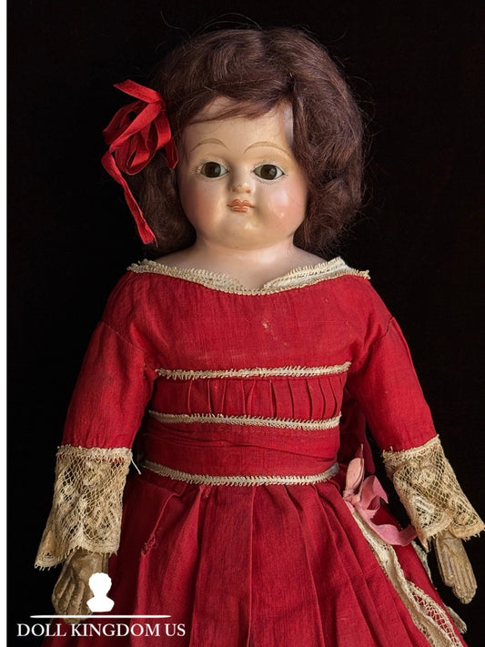 Antique German 18” Papier Mache Doll with Glass Eyes