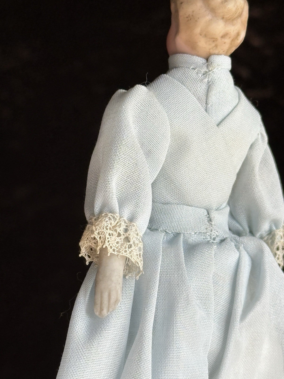 Antique German 5” Bisque Cloth Miniature Dollhouse Parian Doll with Bun