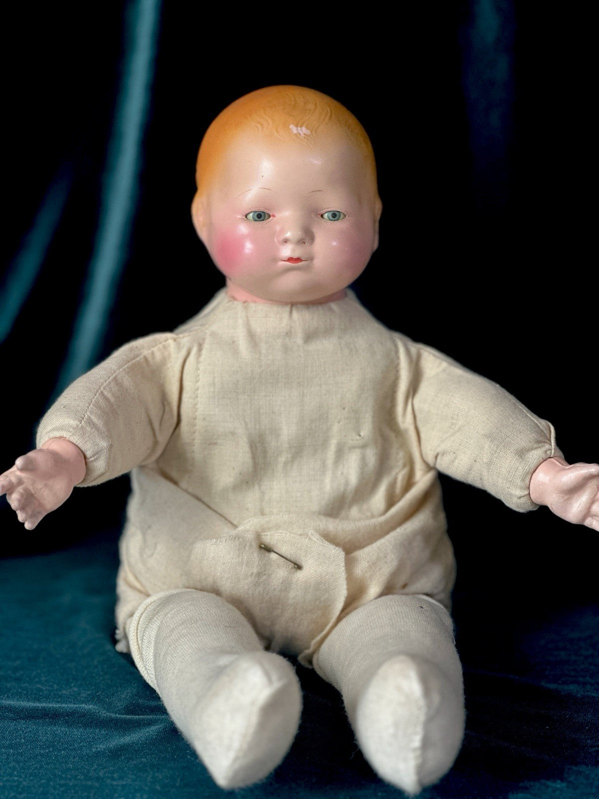 Rare Antique 1920’s Effanbee Composition 14” Doll Pat-O-Pat Tagged Outfit & Pin