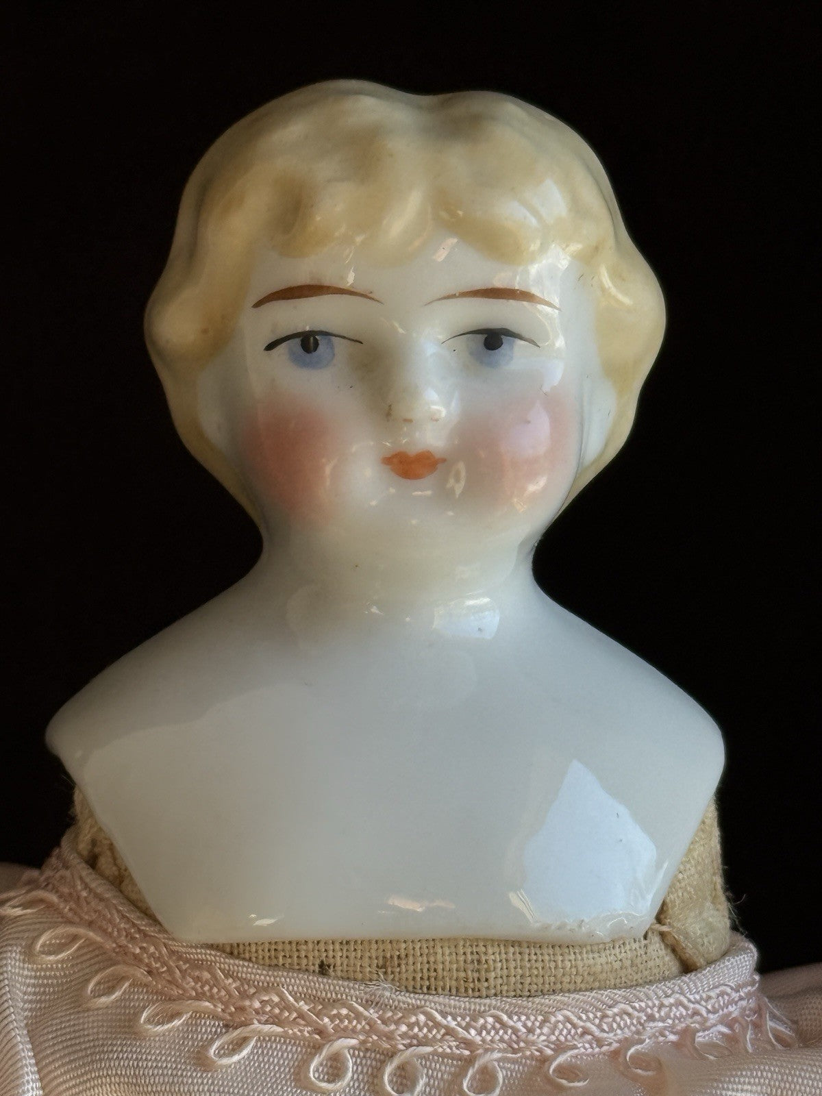 Antique German 7.5” Bisque Cloth Miniature Dollhouse China Doll