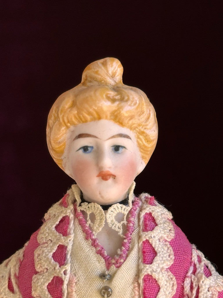 Antique German 4.875” Bisque Cloth Miniature Dollhouse Parian Doll with Bun