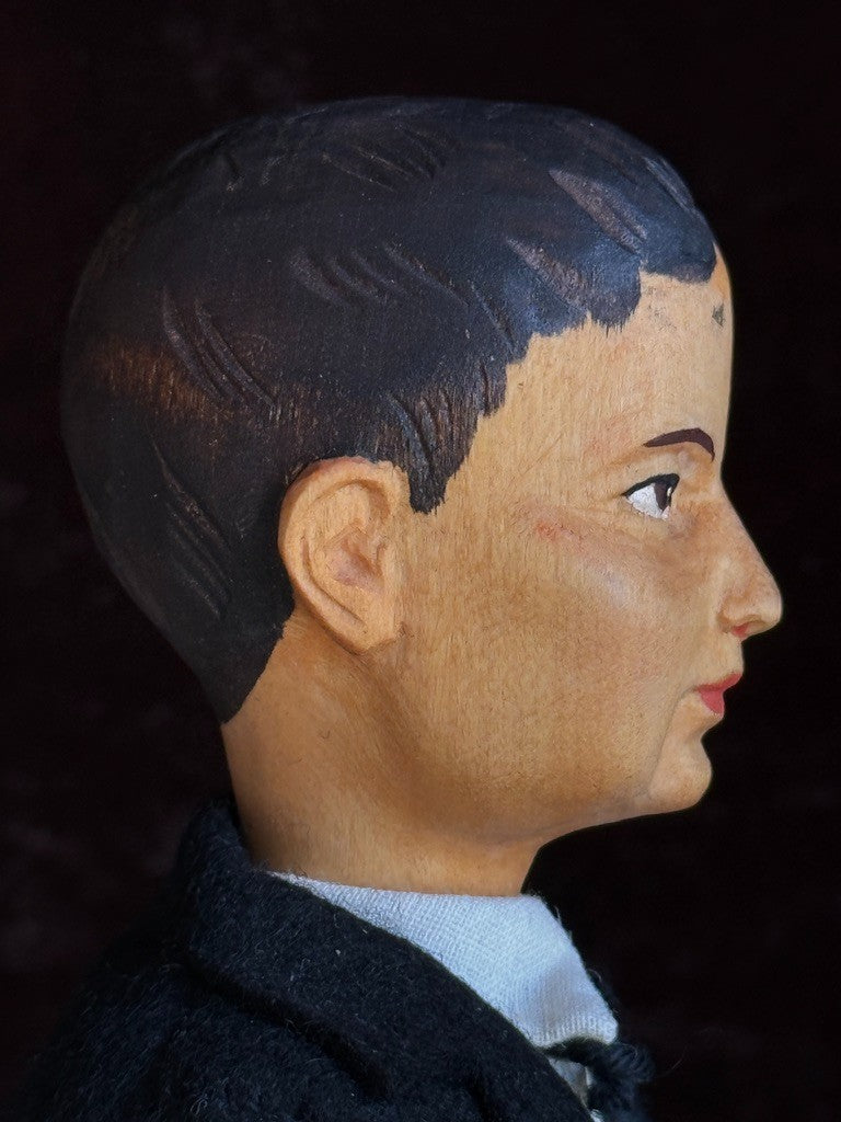 Rare Vintage 10” Swiss Huggler Wood Carved Jointed Boy Doll