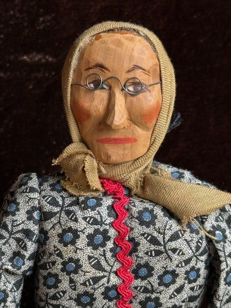 Vintage American 8.5" Stamped Hand Carved Wooden Folk Art Doll