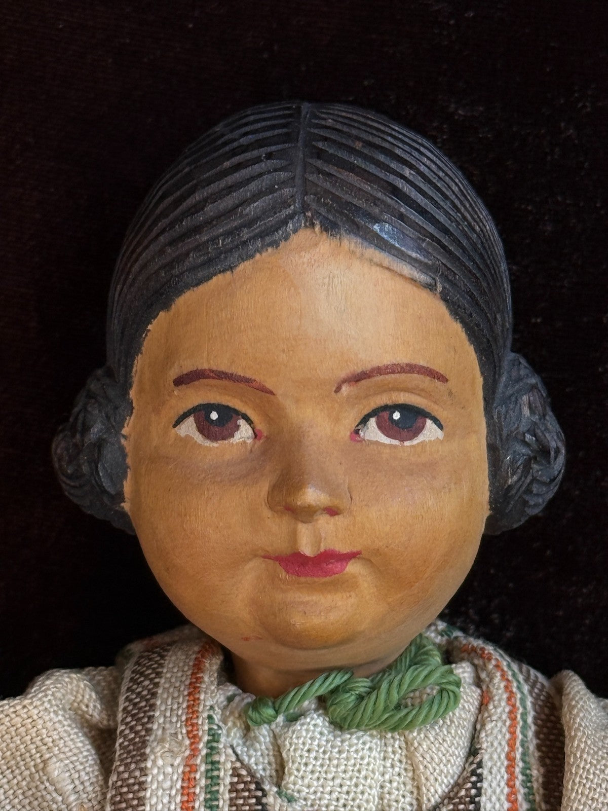 Vintage Swiss 10” Huggler Wood Carved Jointed Girl Doll