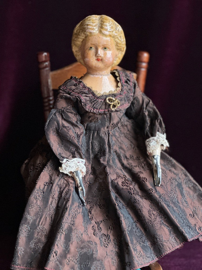 Antique American Mason & Taylor 11.5” Papier Mache Wood Metal Doll