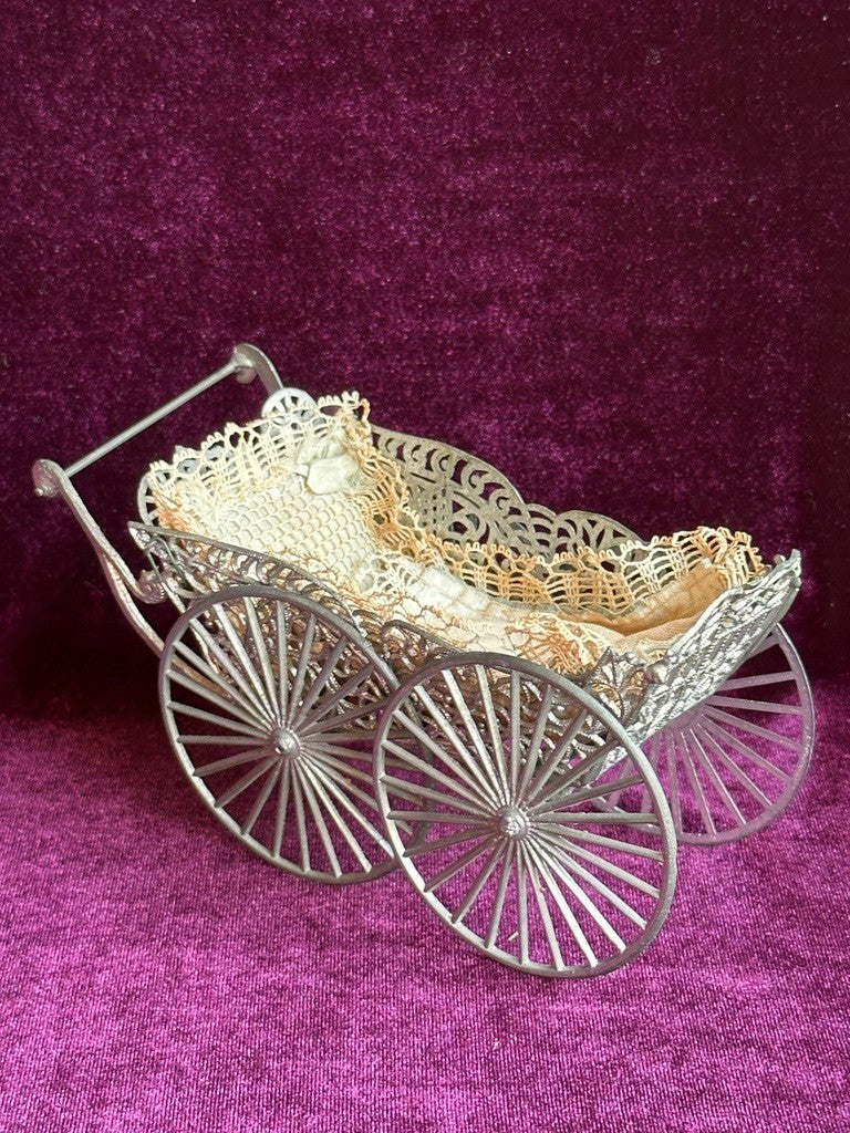 Antique German Miniature All Bisque Limbach 9307 Googly Eye Doll in Carriage