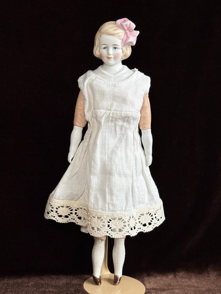 Antique German Hertwig 12” Bisque Molded Shoulder Plate and Bow Girl Doll