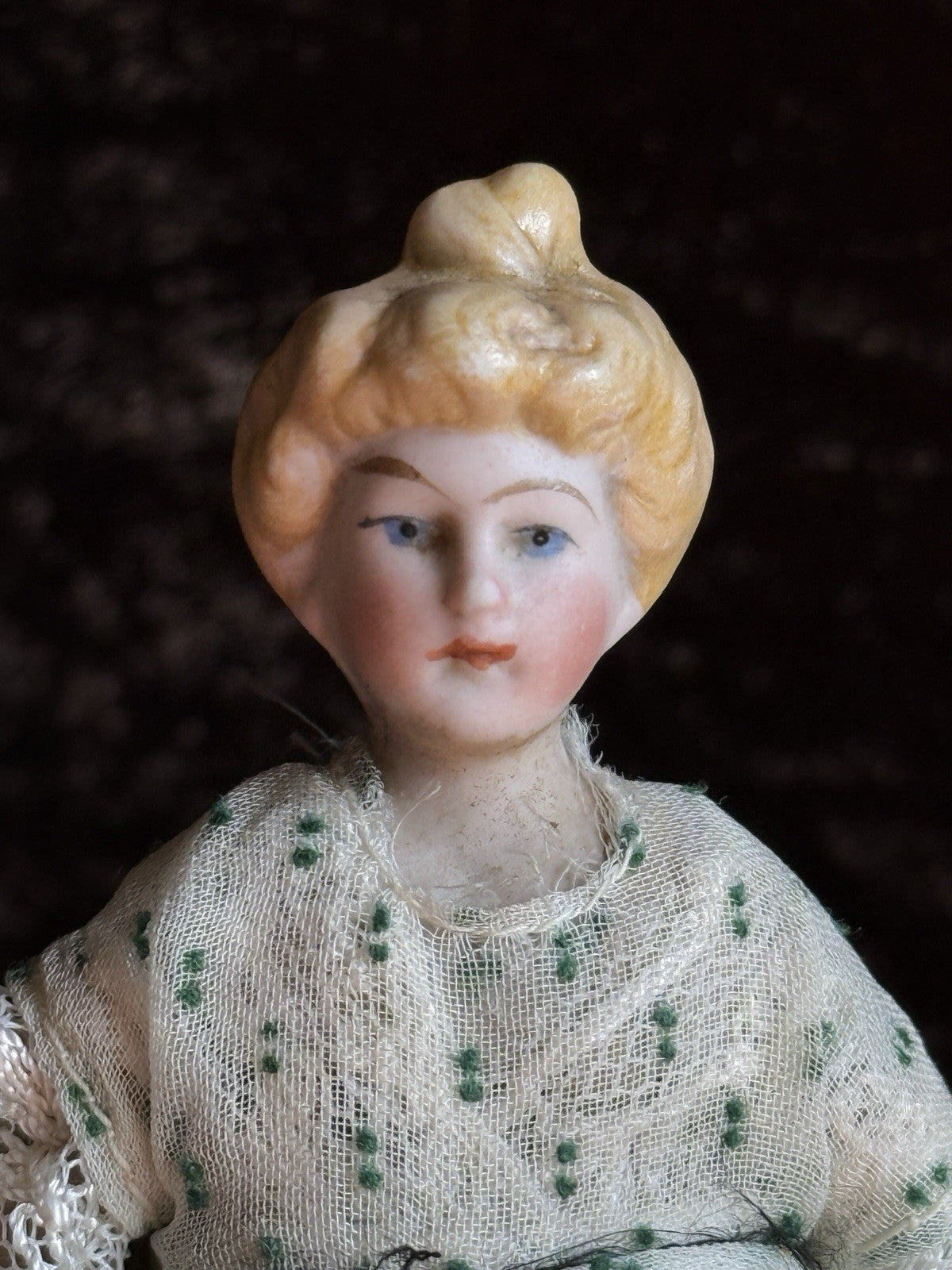 Antique German 5.5” Bisque Cloth Miniature Dollhouse Parian Doll with Bun