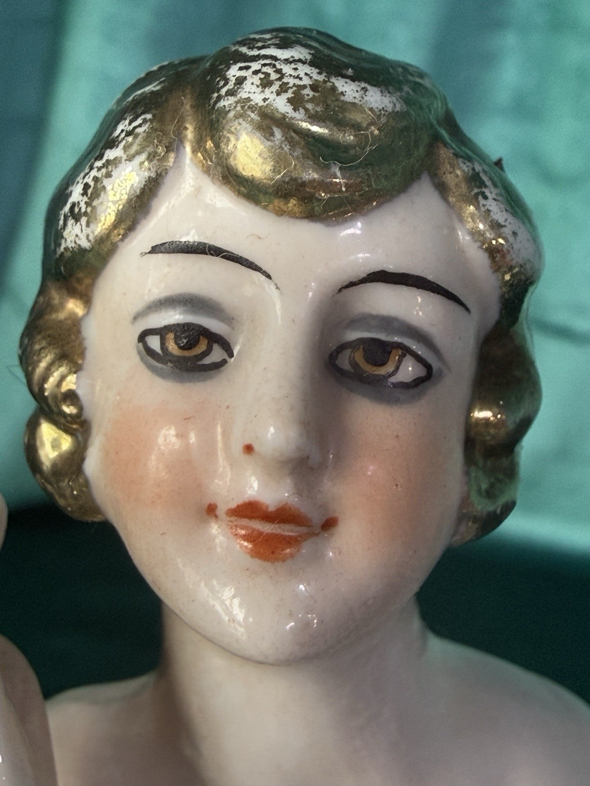 Rare Gold Hair Antique German Art Deco Flapper Pin Cushion Half 4 3/4” Doll