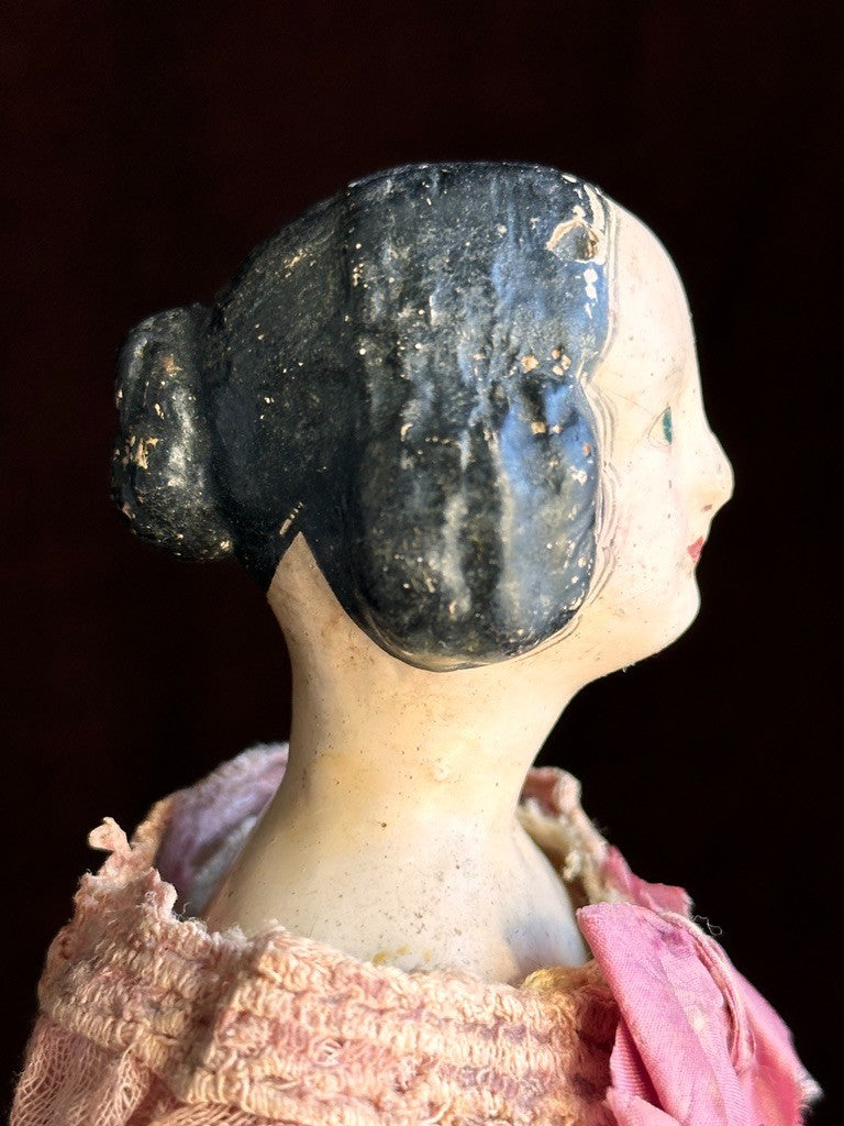 Antique German 13” Papier Mache Milliner’s Model Doll with Bun