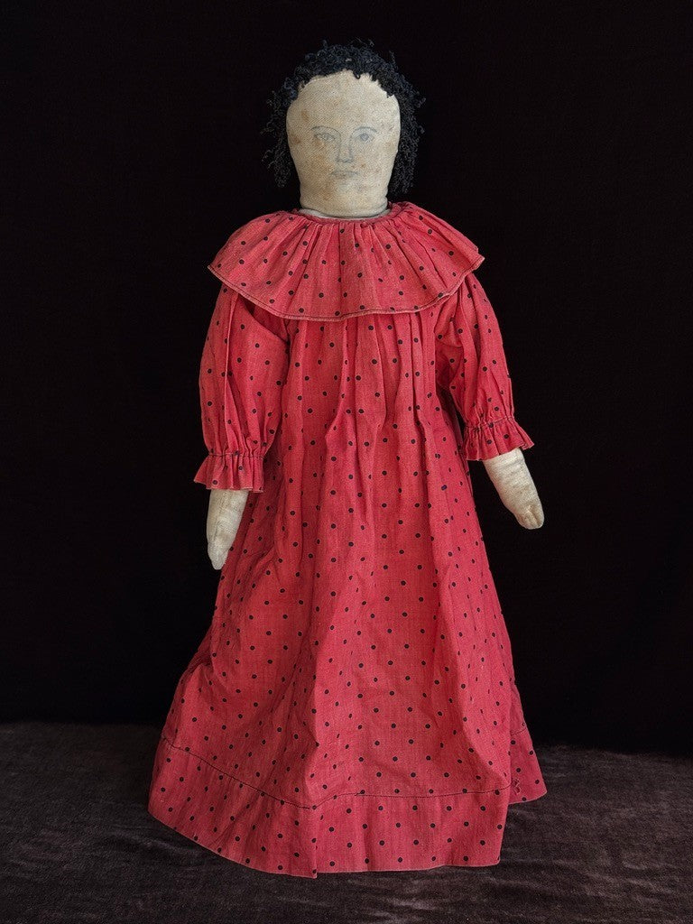 Antique American 21" Primitive Folk Art Cloth Rug Portrait Doll
