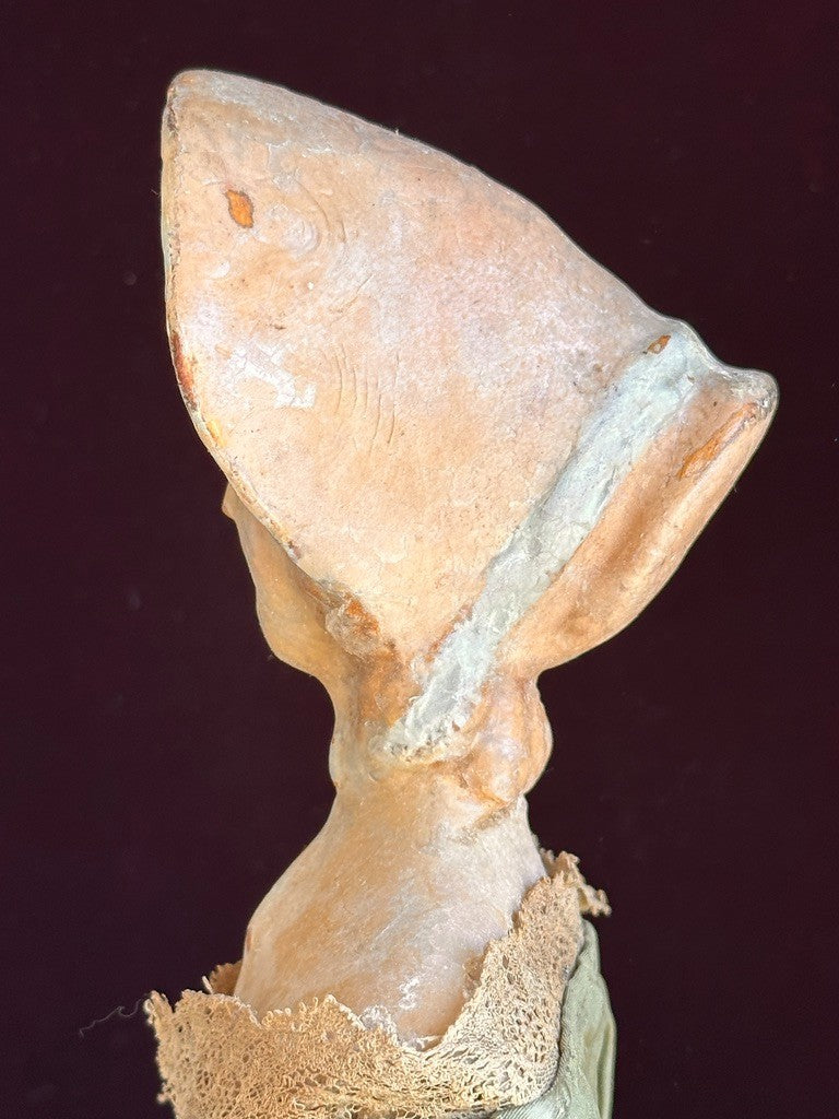 Antique German 18.75” Wax Over Papier Mache Milliner’s Model Molded Bonnet Doll