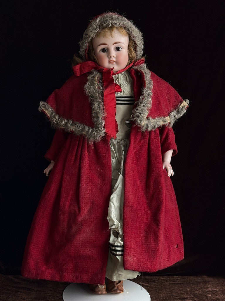 Antique German 23” Early Kestner Turned Bisque Shoulder Head Leather Body Doll