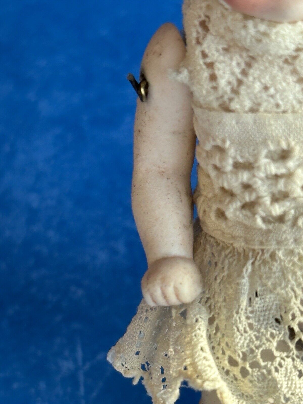 Antique German 3.75” Miniature All Bisque Parian Molded Hair Baby Doll