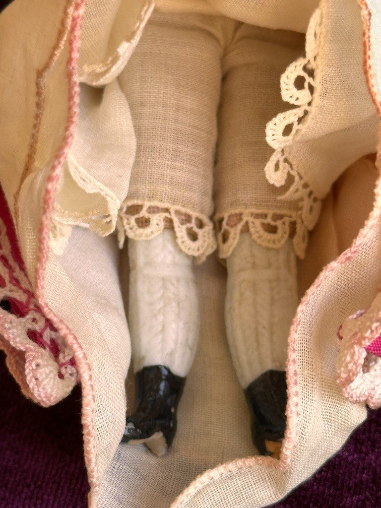 Antique German 4.875” Bisque Cloth Miniature Dollhouse Parian Doll with Bun