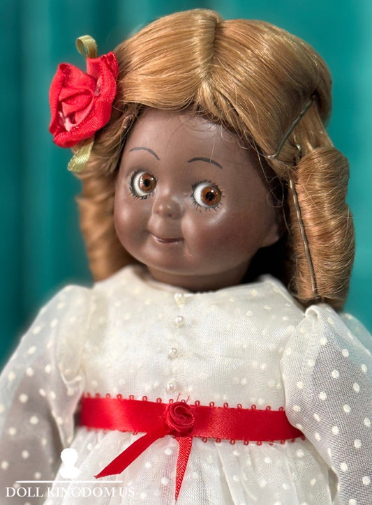 Reproduction of Antique German JDK 221 Googly Eyes 14” Dark Complexion Doll