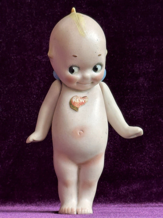 Antique All-Bisque 5.25” Kewpie Doll – Signed O’Neill, Blue Wings, Heart Label