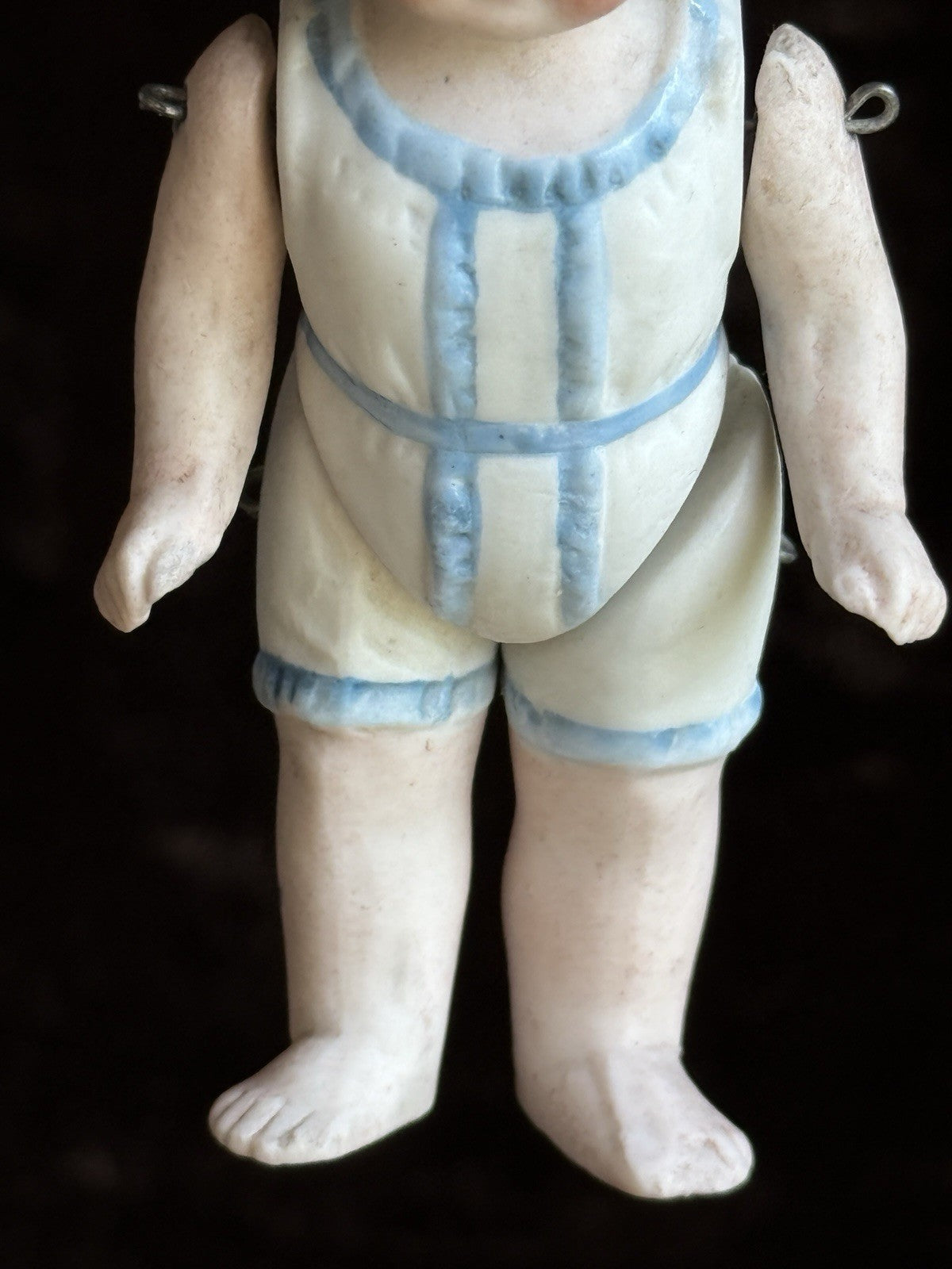 Antique German 4” All Bisque Miniature Dollhouse Doll Molded Outfit