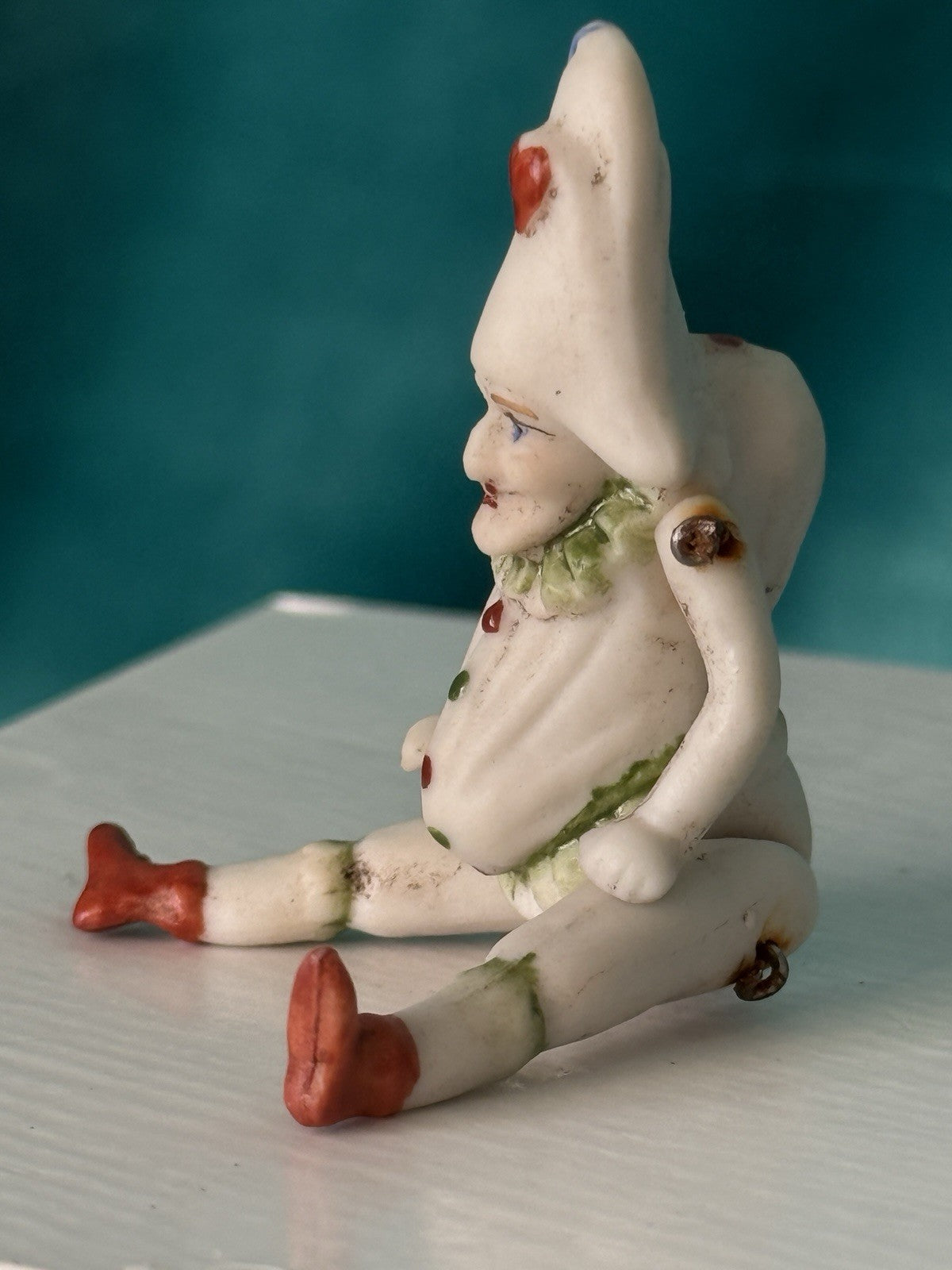 Antique German 2.75” All Bisque Mignonette Dollhouse Punchinello Character Doll