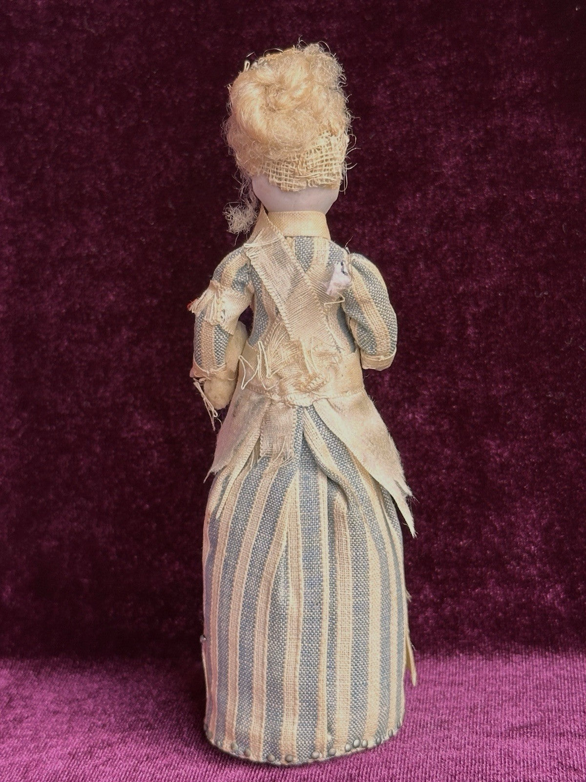 Antique German 5” Miniature Bisque Head Pincushion Dollhouse Doll