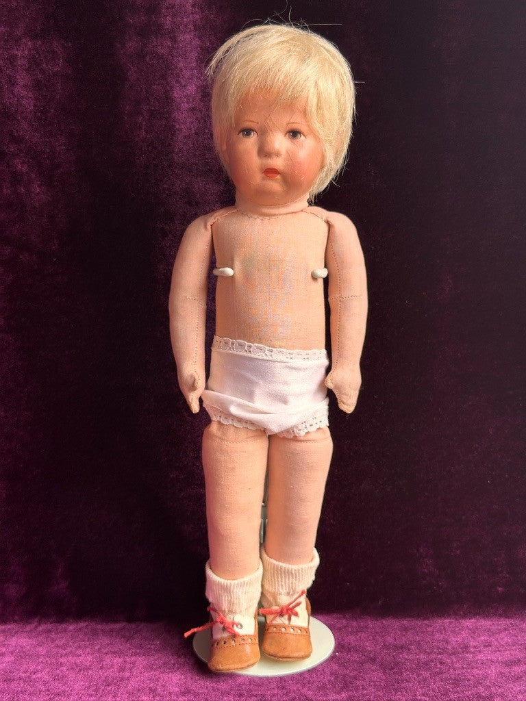 Antique German 14.” Early Kathe Kruse Hampelchen Cloth Doll Human Hair Wig
