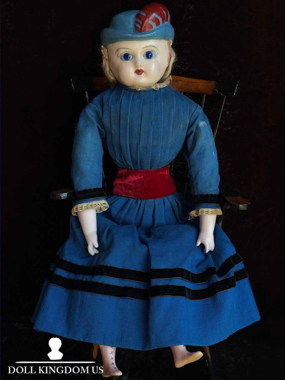 Rare Antique German 20” Wax Over Papier Mache Molded Hat Doll