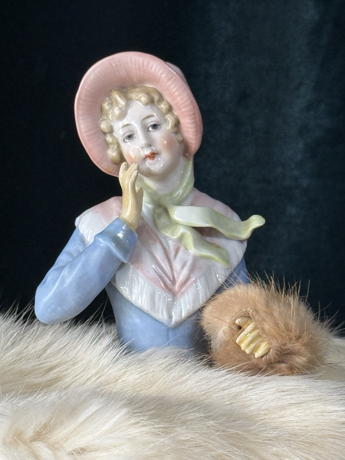 Unidentified Antique German 4.5” Pin Cushion Half Doll Arms Away With Fur Muff