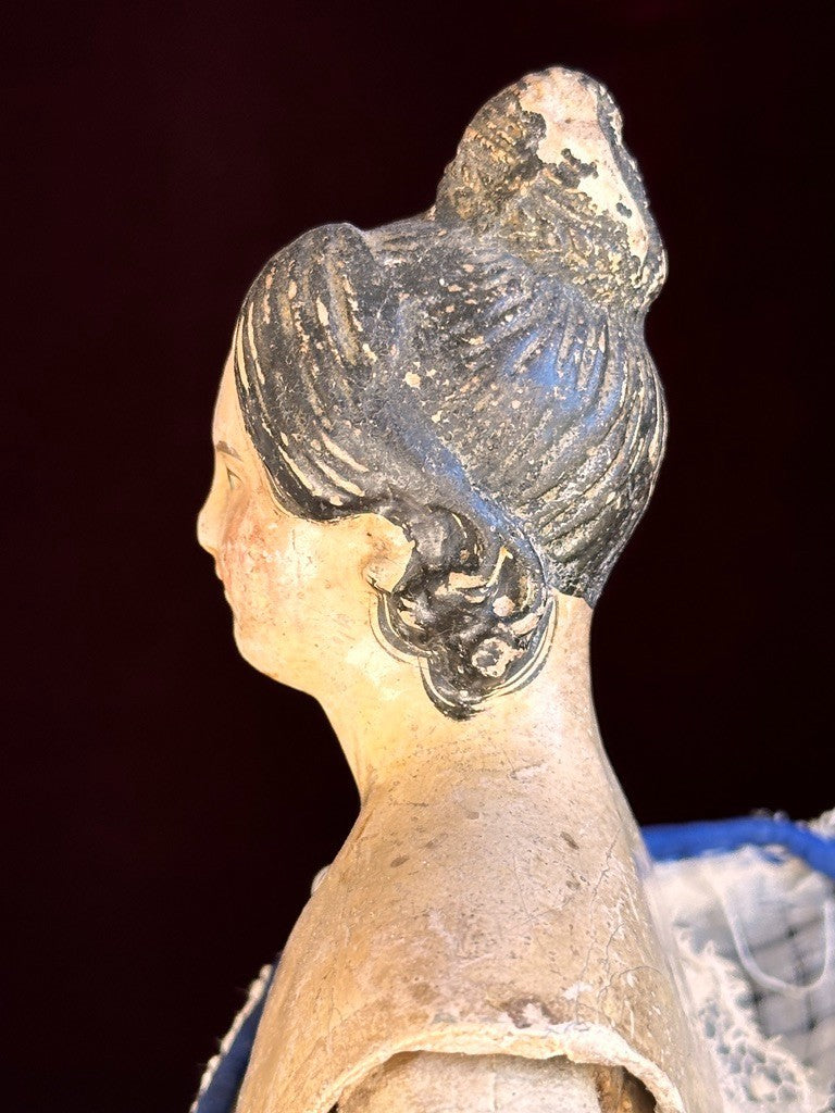Early Antique German 12” Papier Mache Milliner’s Model Doll with Bun