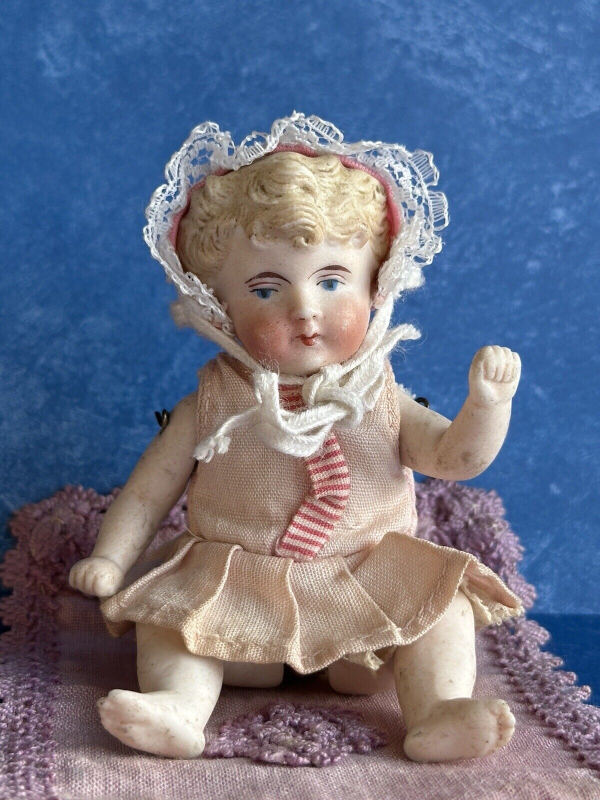 Antique German 3.75” Miniature All Bisque Parian Molded Hair Baby Doll