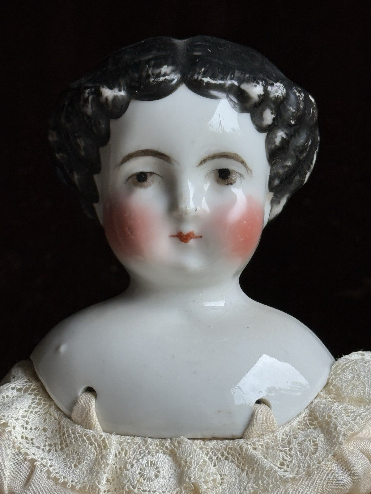 Antique German 14” Flat Top China Head Fashion Doll with Brown Eyes