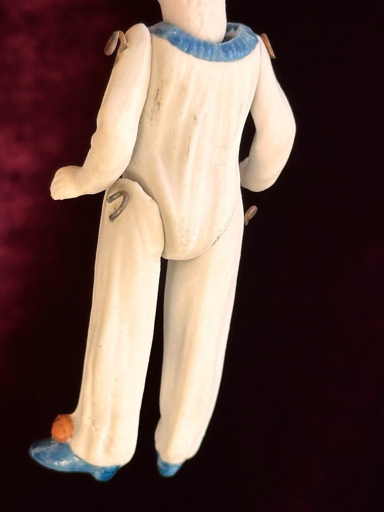 Antique German 4.375” Miniature All Bisque Jester Clown Dollhouse Doll