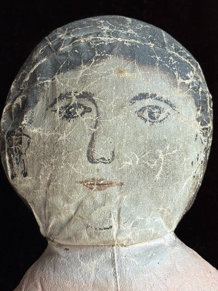 Early Antique American 28” Primitive Folk Cloth Rug Oil Painted Portrait Doll