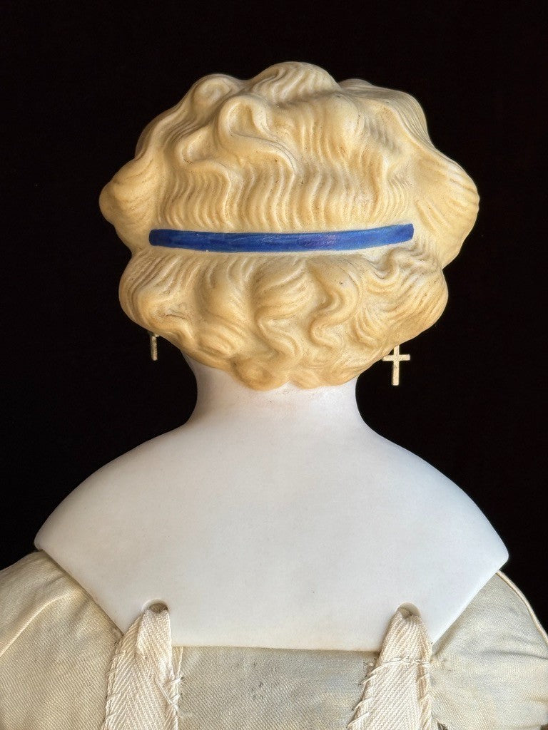 Antique German 17.5” Dolly Madison China Parian Bisque Head Doll Pierced Ears