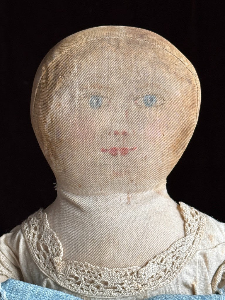 Antique American Moravian Style 16" Primitive Folk Art Cloth Rug Portrait Doll