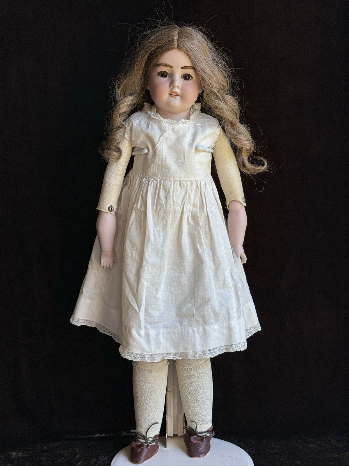 Antique German 23” Armand Marseille 370 Bisque Shoulder Head Leather Body Doll