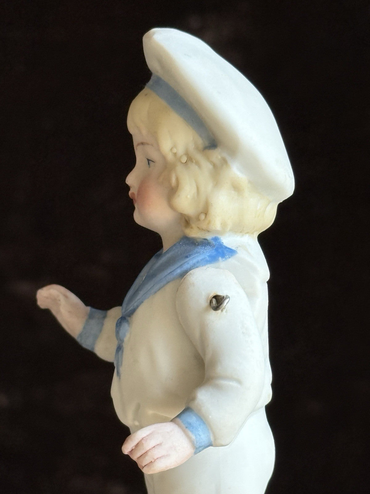 Antique German 4.25” All Bisque Miniature Dollhouse Doll Molded Sailor Outfit