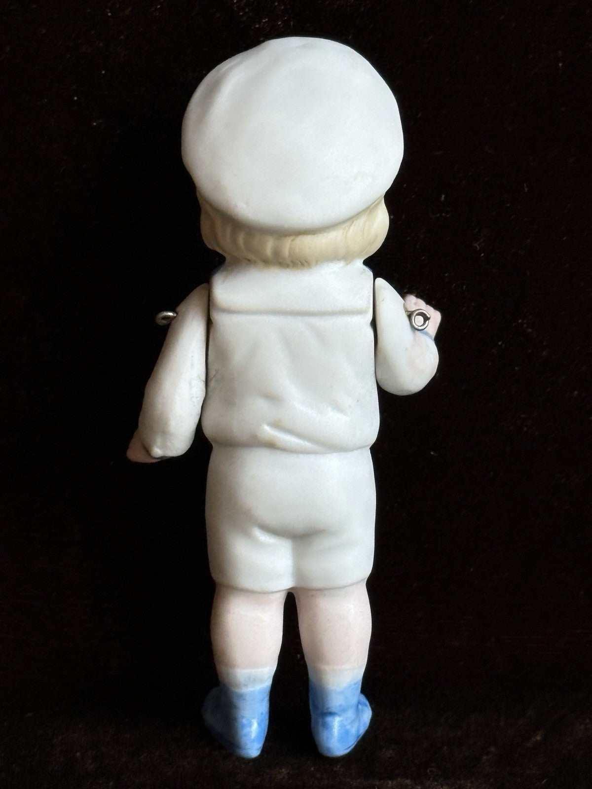 Antique German 4.25” All Bisque Miniature Dollhouse Doll Molded Sailor Outfit