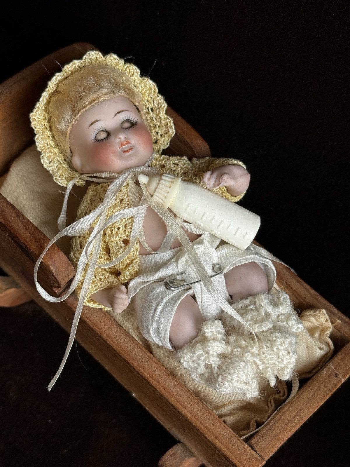 Antique German 3.75” Kestner All Bisque Baby Doll with Cradle and Bottle