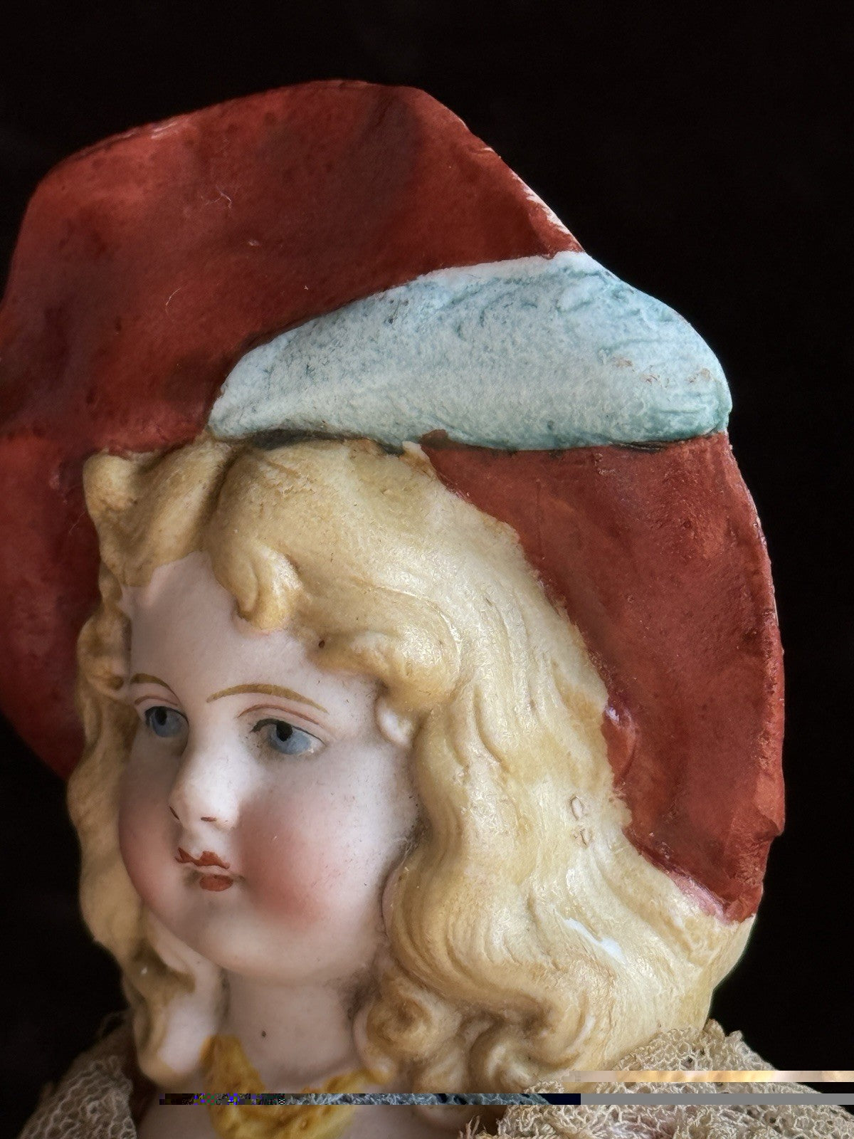 Antique German 7" Hertwig All Bisque Molded Hat Girl Doll