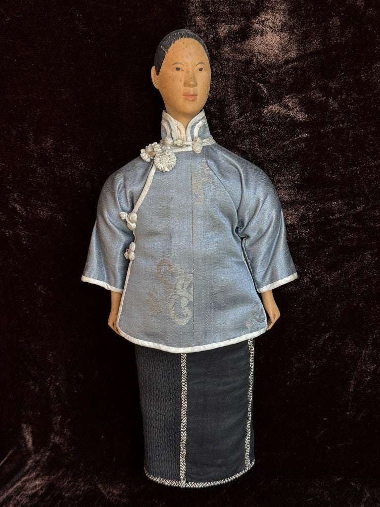 Antique Chinese 12" Door of Hope Mission Carved Wood Cloth Female Doll